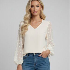 Boho V Neck Dot Chiffon Sleeve Blouse Beige